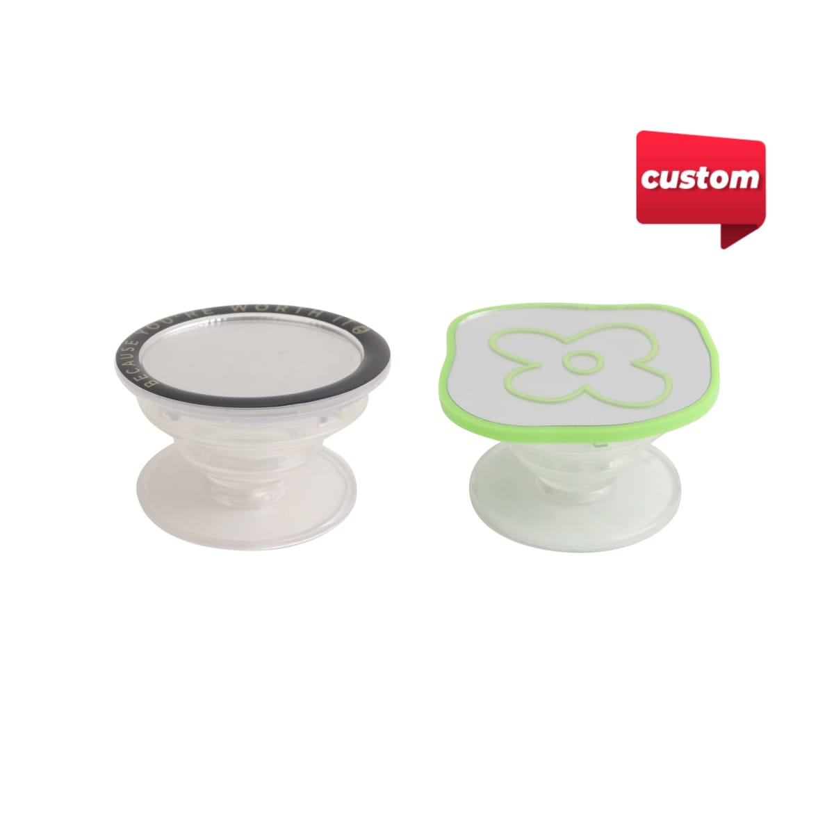 Two round suction cup mounts with custom logos in red and green trims.