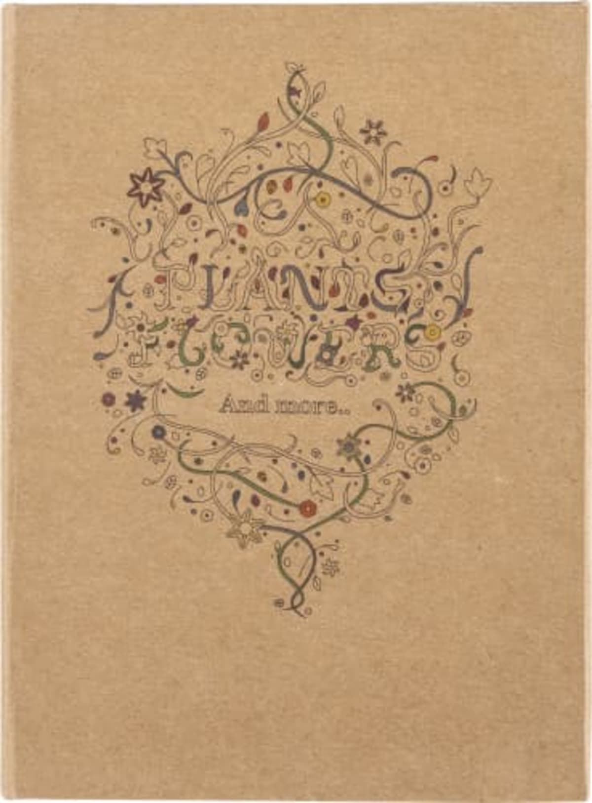 Brown notebook cover with floral designs and the text Plants, Flowers, And more...