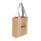 Tan tote bag with gray straps and Amtrak logo on the side.
