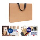 Brown paper bag with black handles, surrounded by various customizable stamps and stickers.