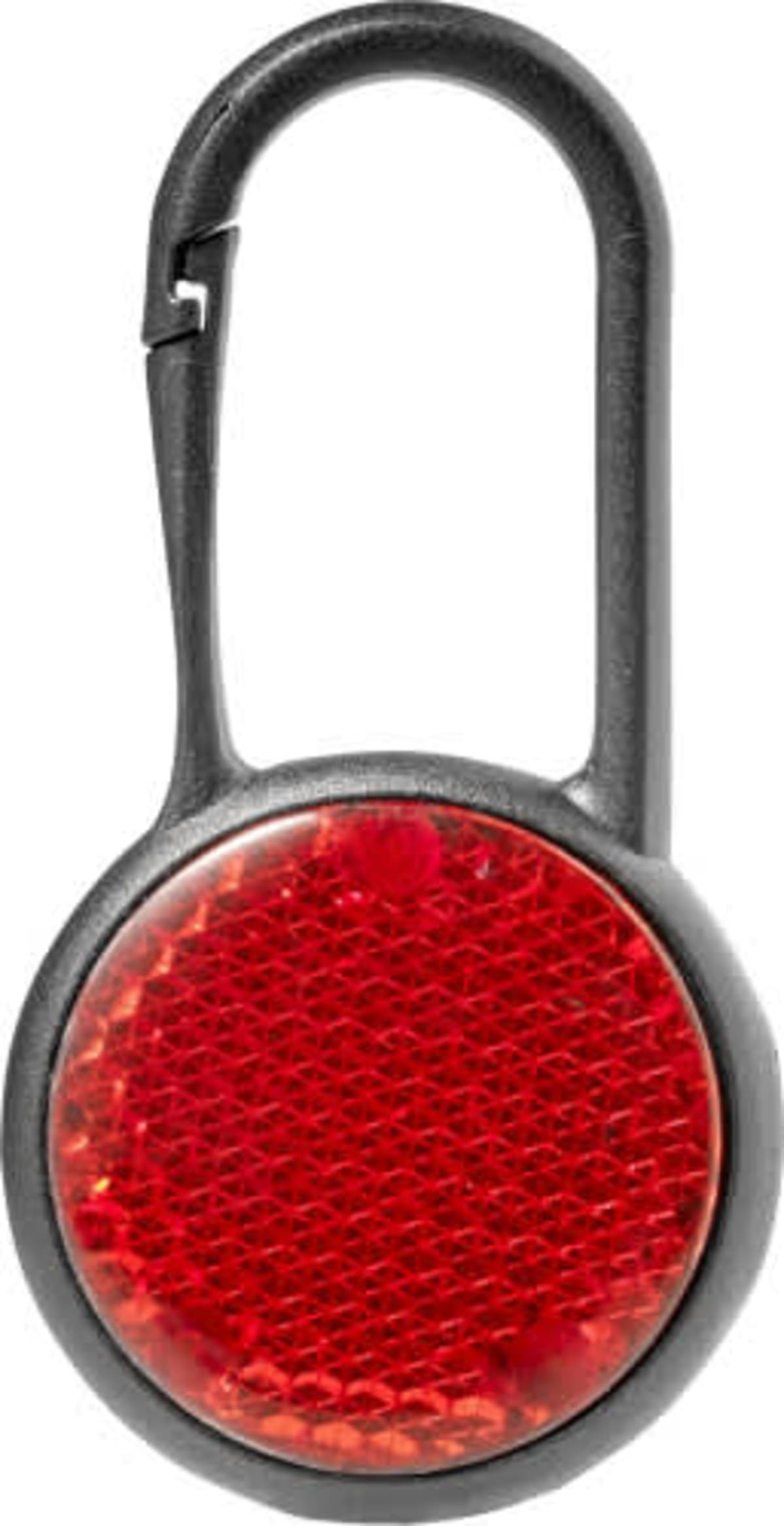 A round red reflector with a black metal clip attached at the top.