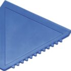 Blue plastic triangular scraper with a serrated edge on one side.