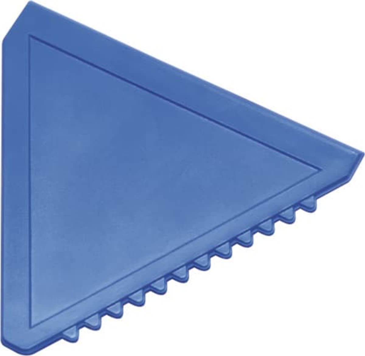 Blue plastic triangular scraper with a serrated edge on one side.