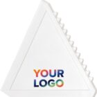 White triangular plastic scraper with multicolor YOUR LOGO text and ridged edge on one side.
