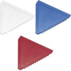 Three triangular plastic scrapers in white, blue, and red with ridged edges.