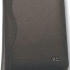 A closed black leather portfolio with a subtle curved design on the front. The lower right corner displays an embossed logo featuring the letters BT.
