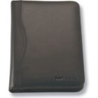 A closed, dark leather portfolio with a subtle wave design on the left edge. The brand name Westpac is embossed in the lower right corner. The portfolio appears sleek and professional, suitable for office use.