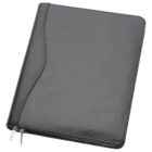 A black leather portfolio with a zippered closure is shown. The cover has a subtle textured pattern with a wavy design on the left side. The zipper pulls are visible at the bottom.