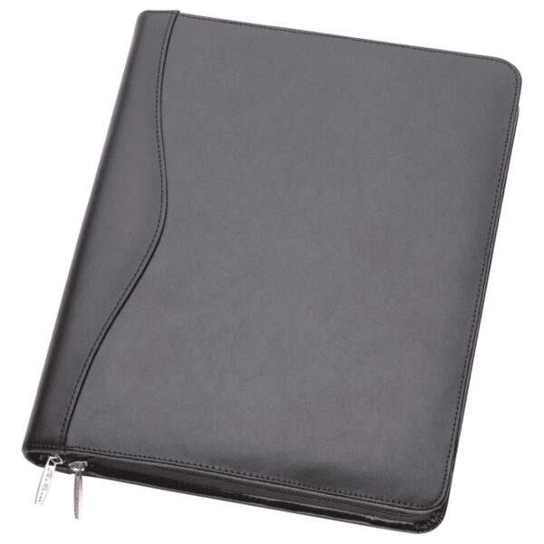 A sleek black leather portfolio folder with a smooth, curved design on the front cover. It has a zip closure with two metallic zipper pulls at the bottom left corner.