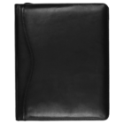 A closed black leather binder with a smooth surface and a subtle curved design on the left edge. It appears to be a professional portfolio or organizer, with a sleek and polished appearance.