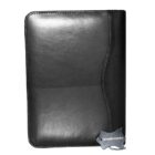 A black leather folder with a smooth, shiny surface. It features a curved seam on the right side and comes with a tag labeled Genuine Leather. The folder is closed and has a sleek, professional appearance.