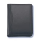 A closed, black leather portfolio binder with a sleek, smooth surface and a curved design on the front cover. The binder is positioned against a plain white background.
