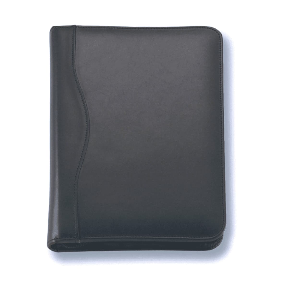 A closed, black leather portfolio binder with a sleek, smooth surface and a curved design on the front cover. The binder is positioned against a plain white background.