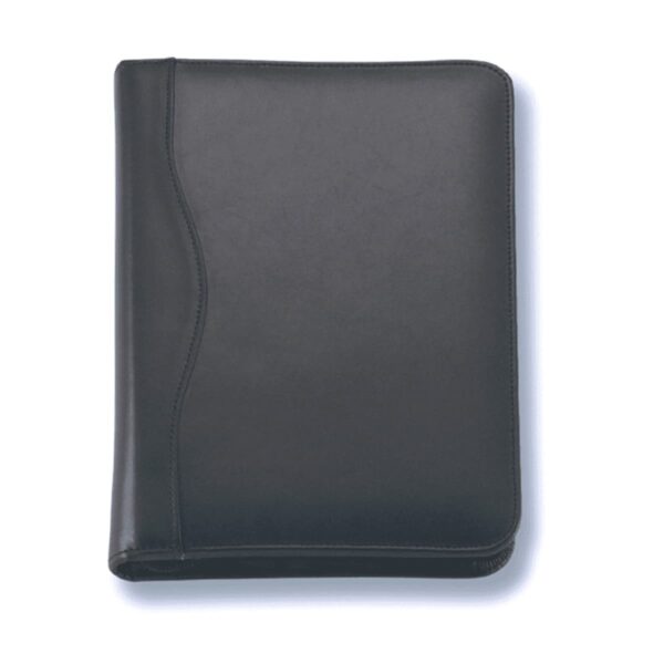 A closed black leather binder with a soft, wavy edge design on the left side. Set against a plain white background, the binder has a smooth, professional appearance suitable for organizing documents.