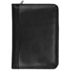 A black leather planner with a curved seam design on the front, featuring a zippered closure along the edges.