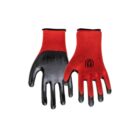 Red and black work gloves with a logo on one glove.