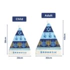 Child and adult blue festive hats with designs, labeled with sizes and Srobotic branding.