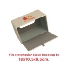 Fabric tissue box cover with a house logo, fits boxes 18x10.5x8.5cm.