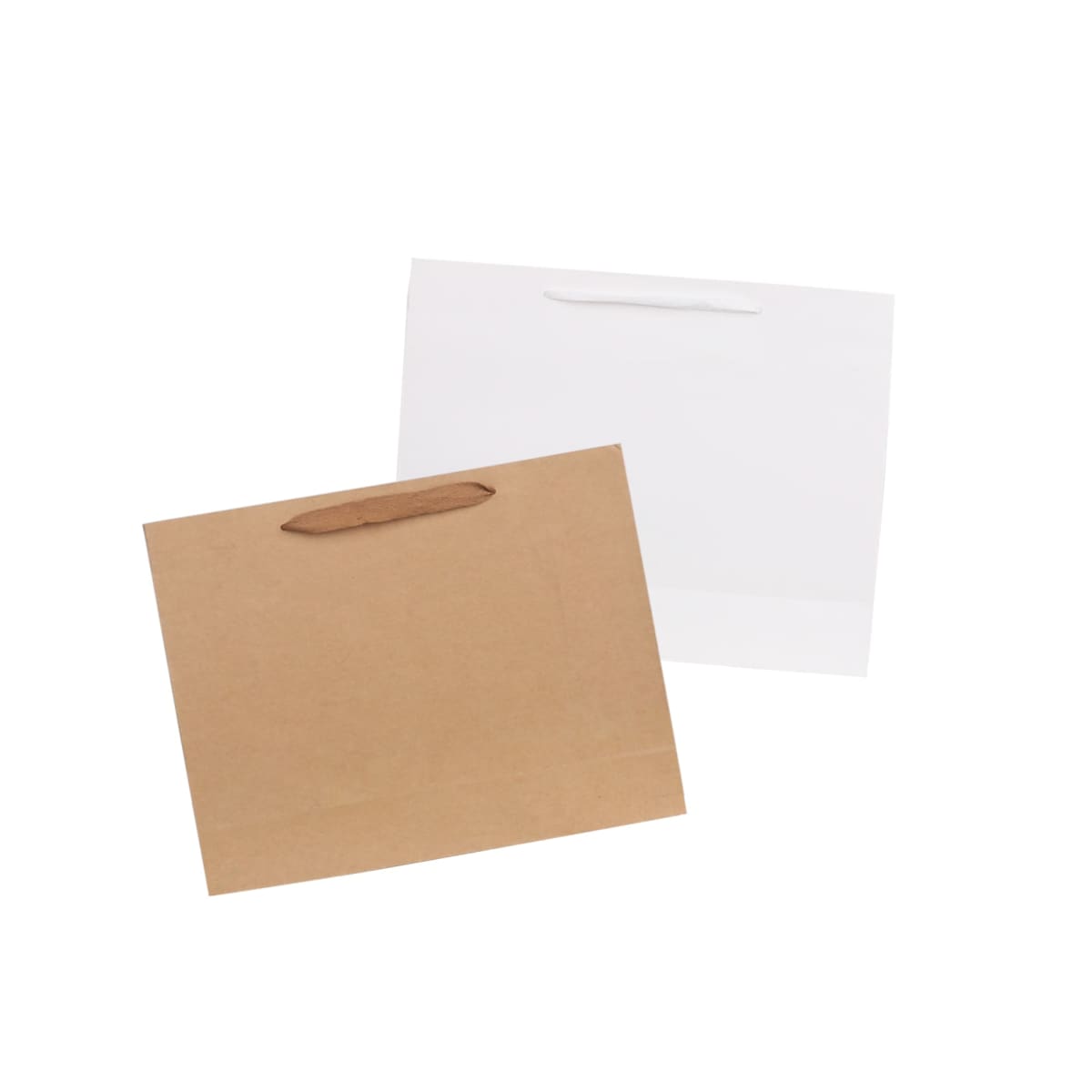 Two shopping bags, one brown and one white, with handles on a white background.