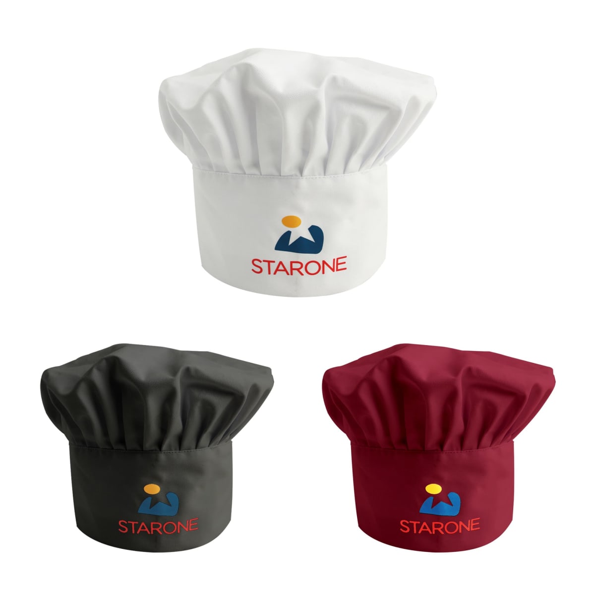 Three chef hats in white, black, and red with Starone logo.