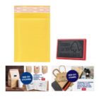 Customised yellow mailing bag, red stamp, paper bags, stickers, and stamps with printed logos