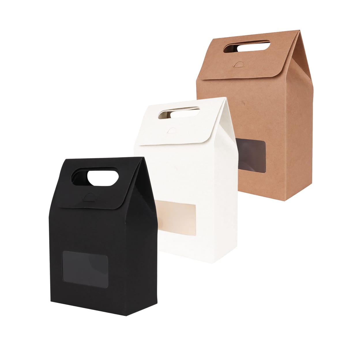 Three gift bags: black, white, and brown with handle cutouts, isolated on a white background.