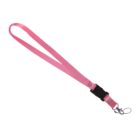 Pink lanyard with a metal clip and black plastic buckle attachment on a white background.