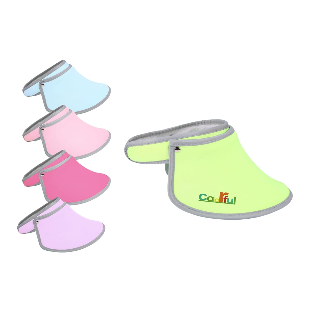 Five colorful dog visors in light blue, pink, neon yellow, hot pink, and lavender.