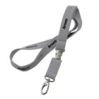 Gray lanyard with the word Amway printed in black repeatedly. It features a metal swivel hook at one end.
