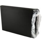 A black box with its lid partially open, revealing a transparent plastic bag inside. The box is set against a plain white background.