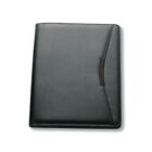 A closed black leather portfolio with a sleek design, featuring a dark handle accent on the front. The portfolio has a slightly textured appearance and a professional, minimalist look.