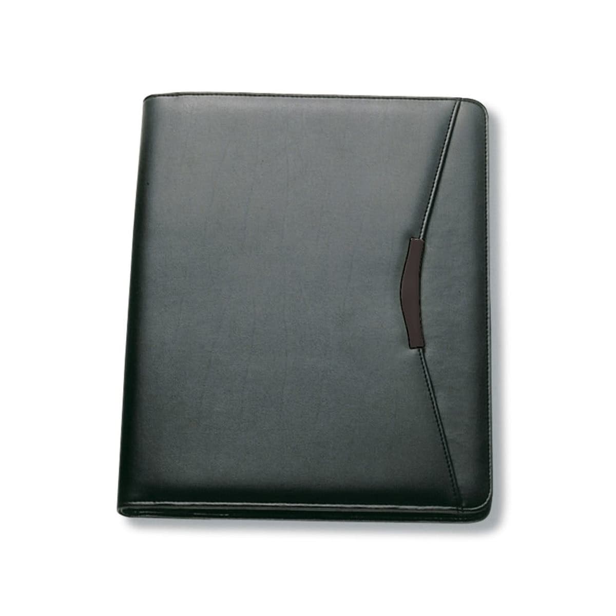 A closed black leather portfolio with a sleek design, featuring a dark handle accent on the front. The portfolio has a slightly textured appearance and a professional, minimalist look.
