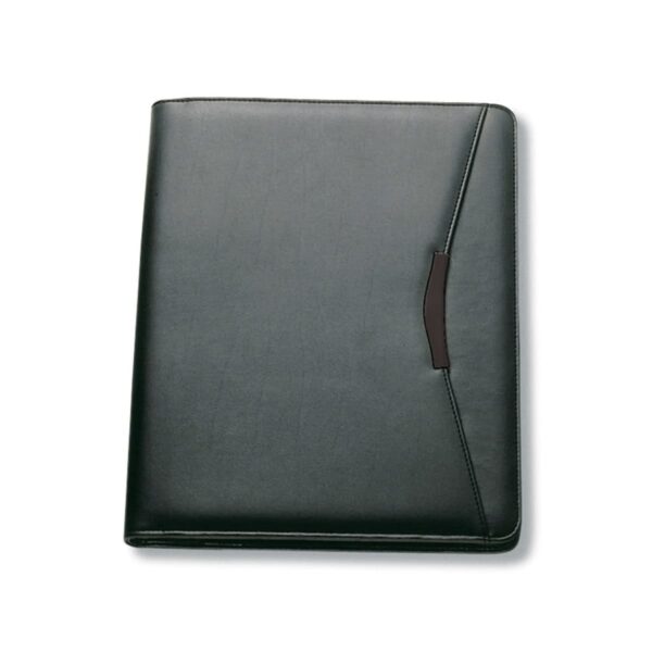 A closed black leather folder with a sleek, minimalist design. It features a subtle diagonal seam and a dark handle-like accent on the front. The folder is placed on a plain white background.
