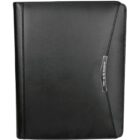 A black leather binder with a smooth texture. Theres a narrow metal plaque on the right edge featuring engraved text. The binder has a simple, sleek design.