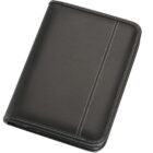 A sleek, black leather portfolio binder with a stitched vertical stripe on the front cover. The binder is closed and viewed from an angle, showcasing its sturdy and professional design.