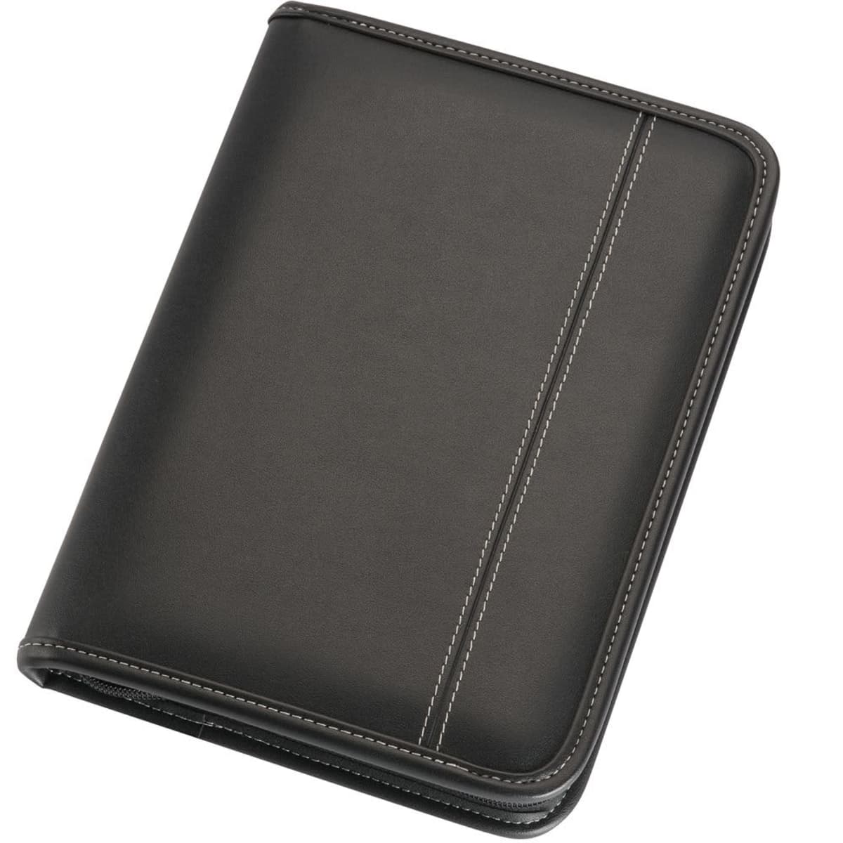 A sleek, black leather portfolio binder with a stitched vertical stripe on the front cover. The binder is closed and viewed from an angle, showcasing its sturdy and professional design.