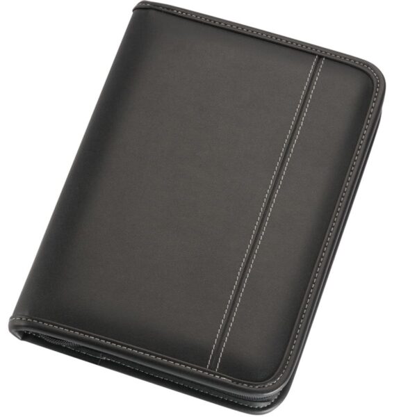 A black leather binder with a sleek design, featuring a subtle vertical stitched line on the front cover. The binder is closed and positioned at a slight angle against a white background.