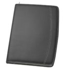 A sleek, closed black zippered portfolio with subtle white stitching along the curved edge, placed against a white background.
