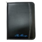 A black leather-like binder with blue cursive text reading The Ranger on the bottom right corner. The binder features white stitching along the edges and a single curved white stitch design on the front.