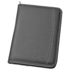 A black zippered leather portfolio with white stitching, closed and viewed from an angle. The texture of the leather is smooth, and the zipper pull is visible at the top left corner.