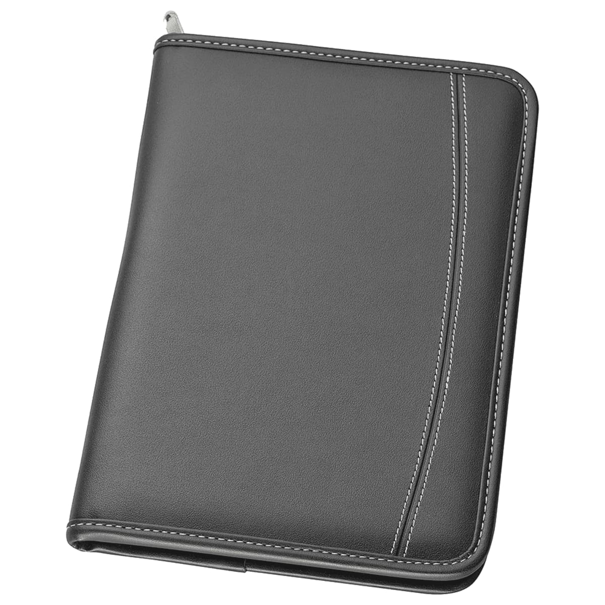 A black zippered leather portfolio with white stitching, closed and viewed from an angle. The texture of the leather is smooth, and the zipper pull is visible at the top left corner.