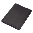 Black leather binder with white stitching along the edges, displayed against a plain white background. The binder is closed, showing a silver zipper pull on the side.