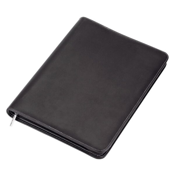 Black leather portfolio with a zipper along the edge, featuring white stitching. The portfolio is closed and positioned at an angle on a plain white background.