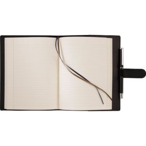 Open notebook with lined pages, two ribbon bookmarks, a pen attached—stands out effortlessly.