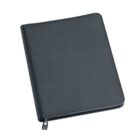 A closed black leather folder with a zipper.