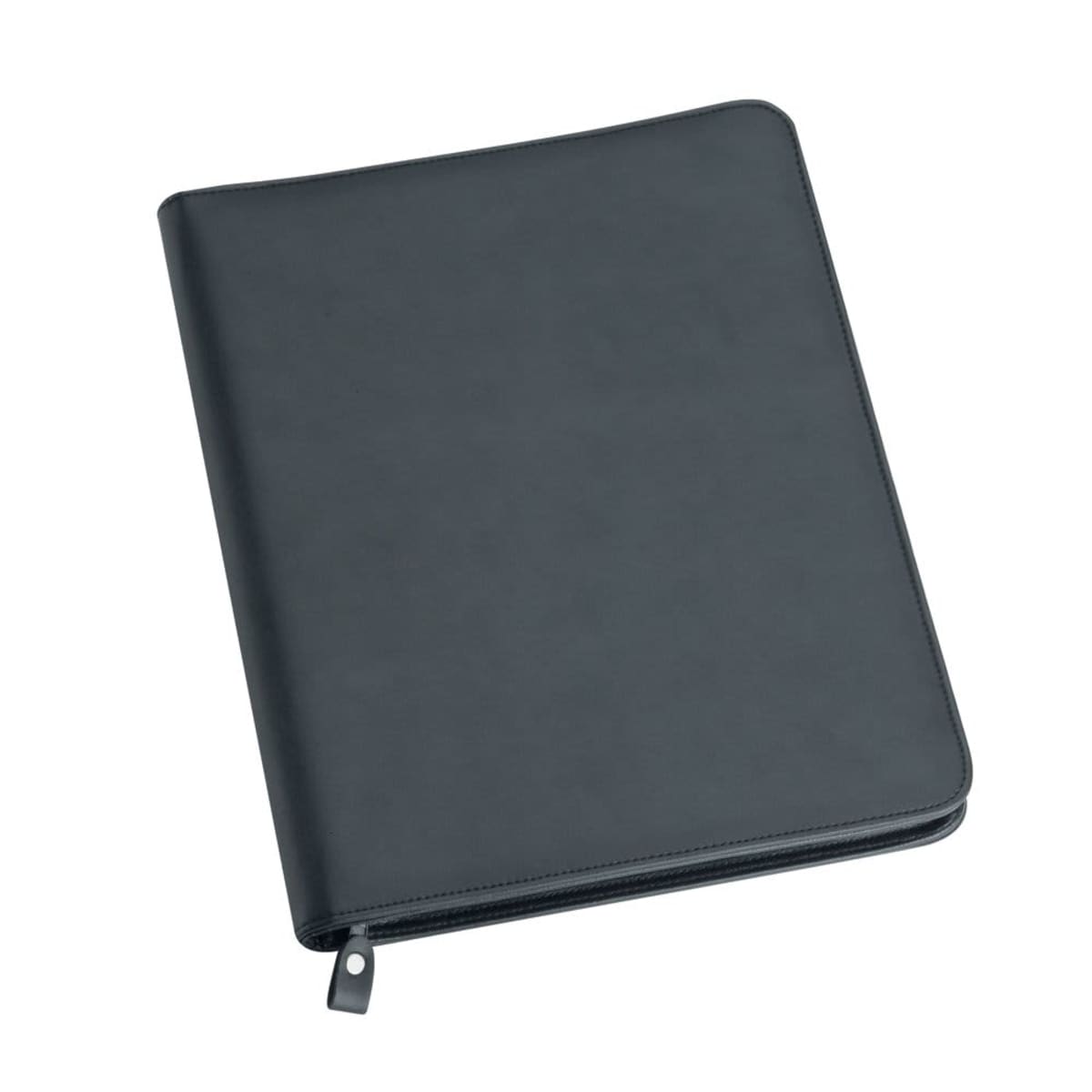 A closed black leather folder with a zipper.