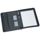 Open black leather portfolio displaying a lined notepad on the right. The left side features slots for business cards, a clear ID window, a zippered pocket, and a pen holder with a silver pen.