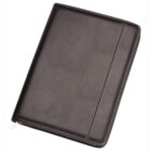 A black leather portfolio folder with a zipper closure, featuring a subtle vertical stitch design on the front. The folder has a sleek and professional appearance. The zipper tab is visible at the bottom left corner.