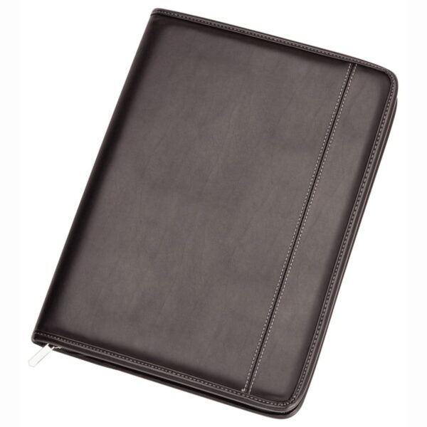 Black leather portfolio folder with a zipper along the edge, featuring white stitching detail on the front panel, placed against a white background.