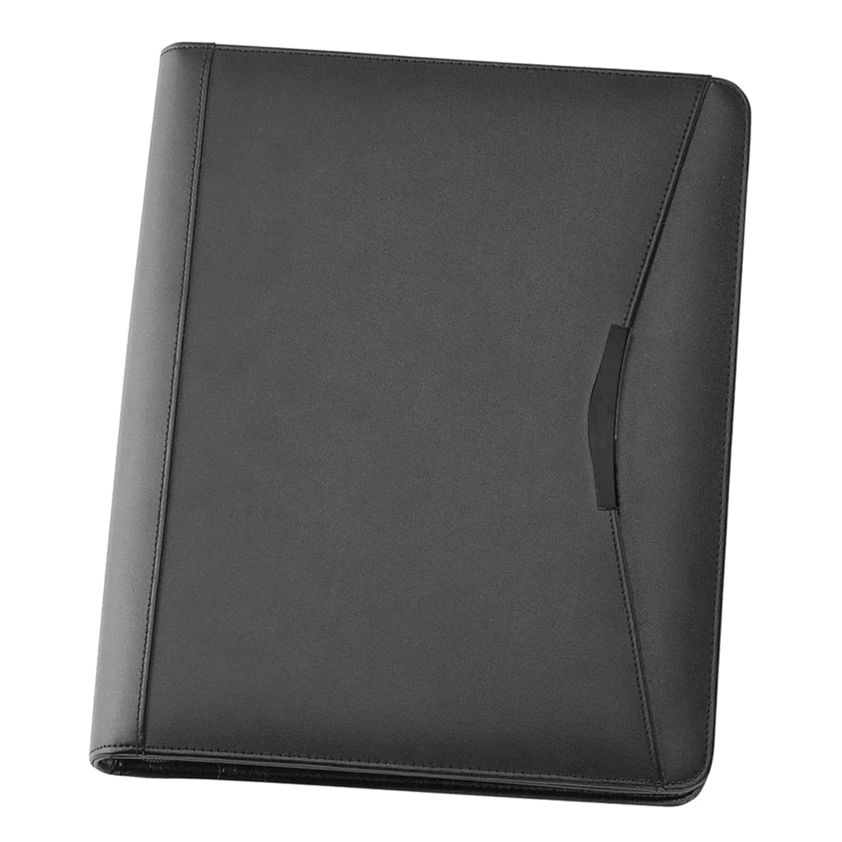 A closed, black leather portfolio or binder with a sleek design and stitched edges. It has a flap closure on the right side. The binder is resting on a plain white background.